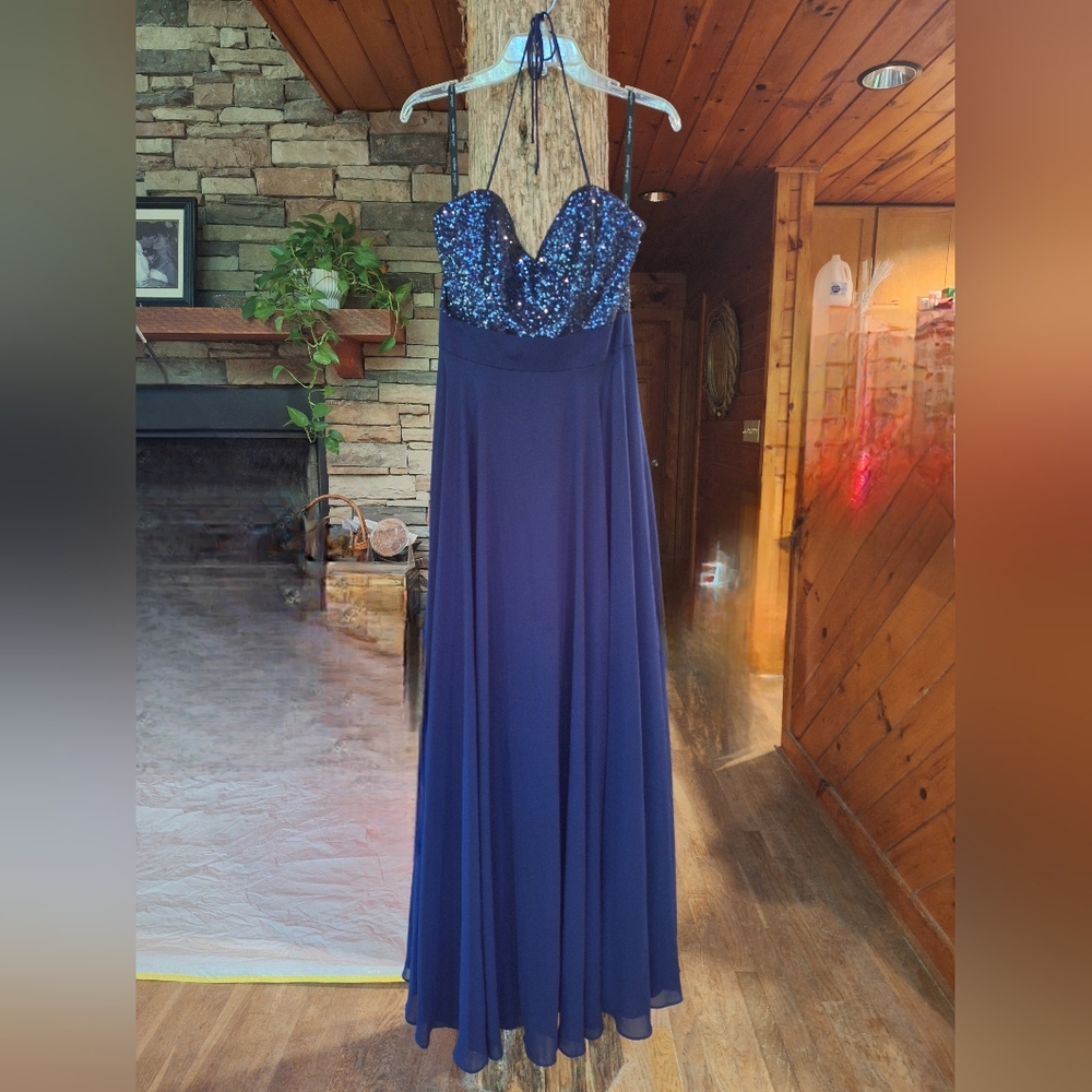 Alfred Angelo Blue Sequin Embellished Halter Gown Sz 10